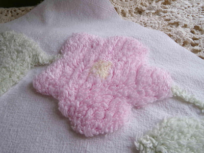 pink rose blooms chenille fabric, vintage style floral wreath quilt material, white 100% cotton, 15" x 18" piece for sewing