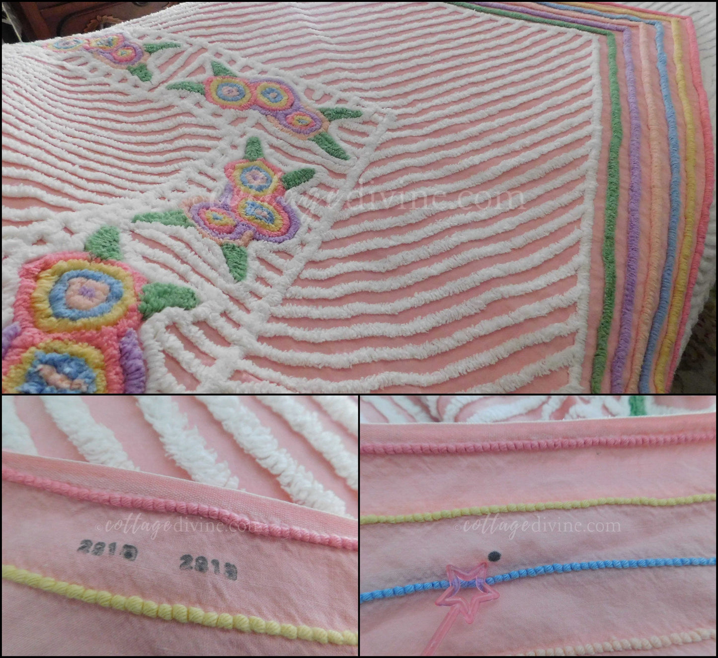 Rainbow Rose Vintage Chenille Bedspread, Cottage Style Plush Pink & White Chevron Design, Full Size