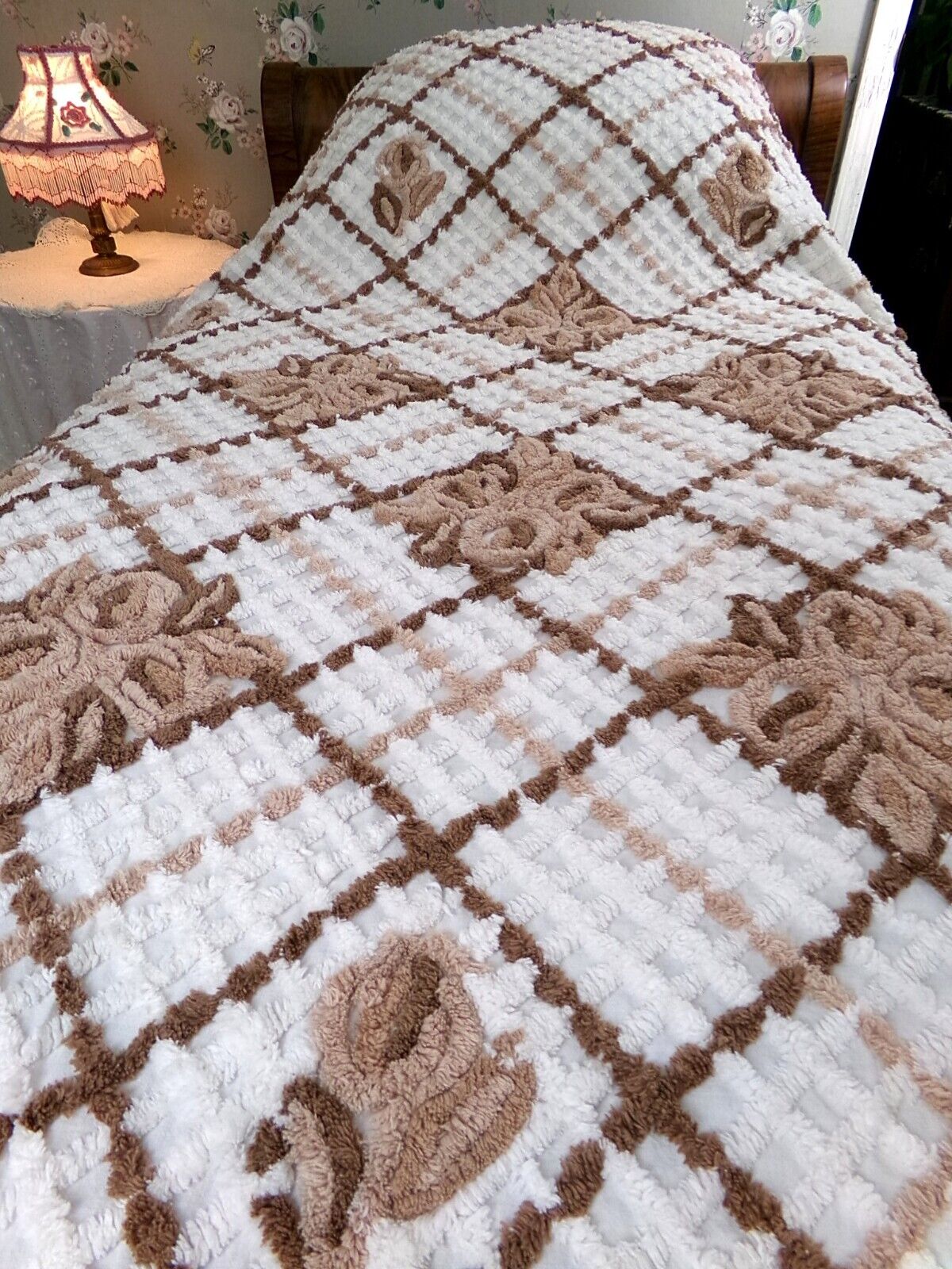 Vintage full size chenille bedspread, chocolate brown roses, boxed & fitted design