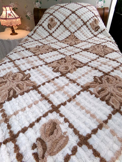 Vintage full size chenille bedspread, chocolate brown roses, boxed & fitted design