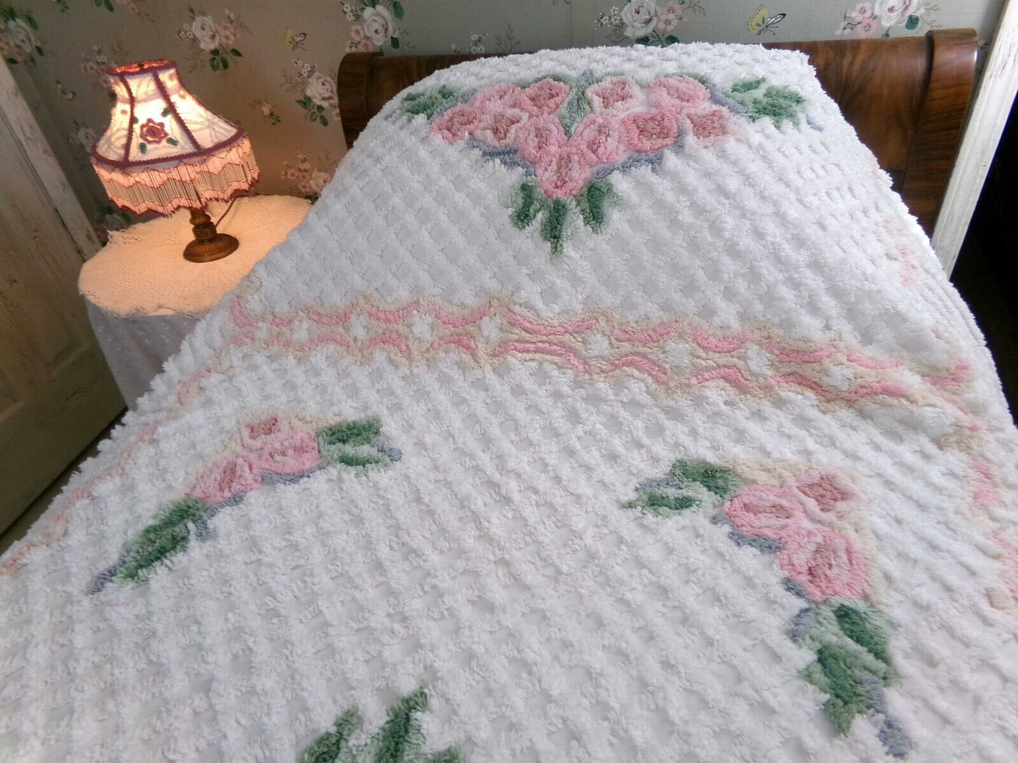Plush Luxury Pink Rose Vintage White Chenille Bedspread, 100% Cotton, Twin Size