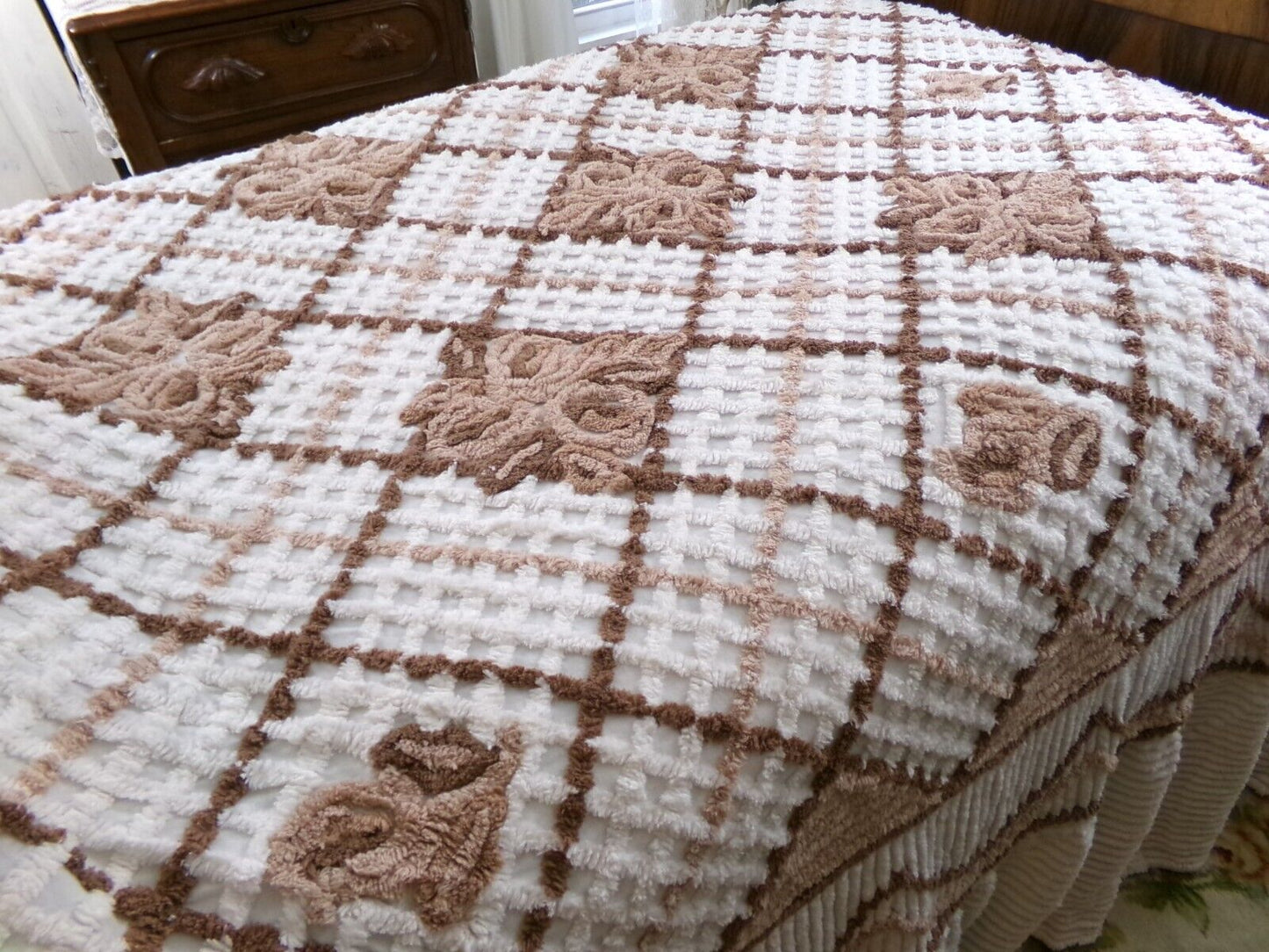 Vintage full size chenille bedspread, chocolate brown roses, boxed & fitted design