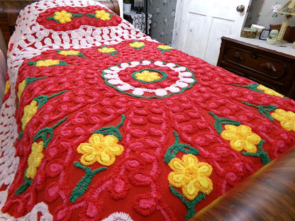 flower power vintage red hot chenille bedspread w/ hearts & daisies, full size plush cotton bedding