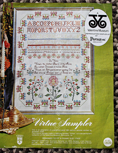 Rare VIRTUE Embroidery Sampler, Paragon Needlecraft Valentine Museum Reproduction, Vintage Cross Stitch Stitchery Kit # 0609, Belgian Linen