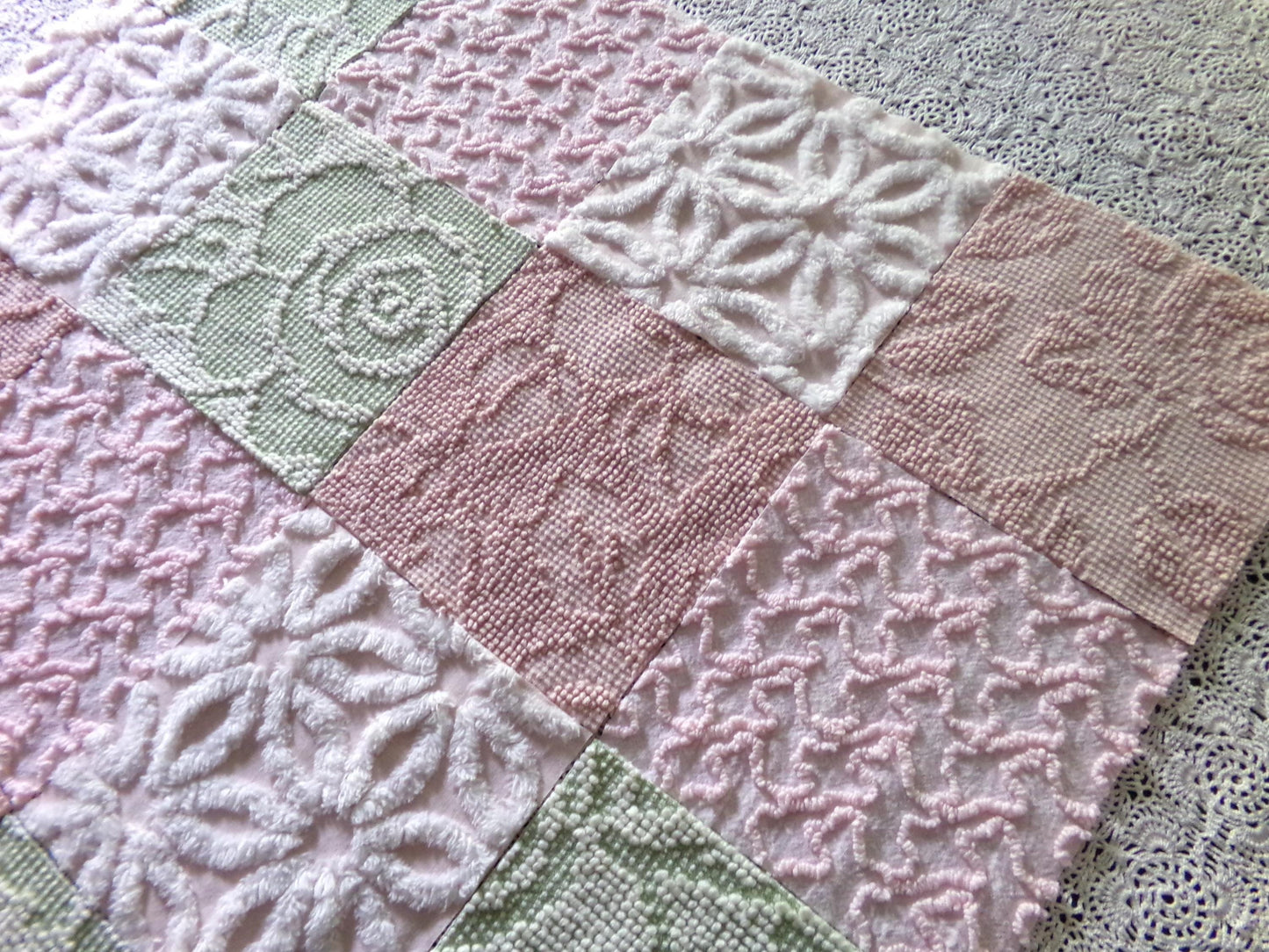 Garden Walk Chenille Quilt Squares Set from Vintage Bedspread Fabric, 16 Blocks, 6" inch in Sage Green, Pink, Rose Mist & Whispers of White