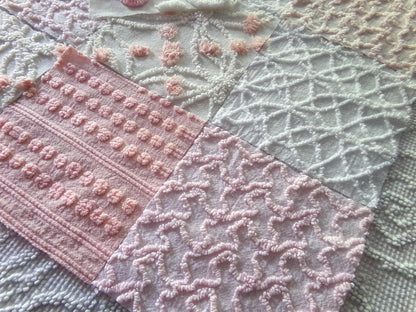 Think Pink Chenille Fabric Squares Set, 17 Vintage Quilt Blocks, 6" inch in Pinks & White