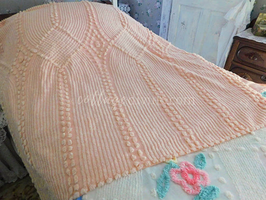 Graceful Waterfall Iced Peach Vintage 1940s Chenille Bedspread, Full Size, Cotton
