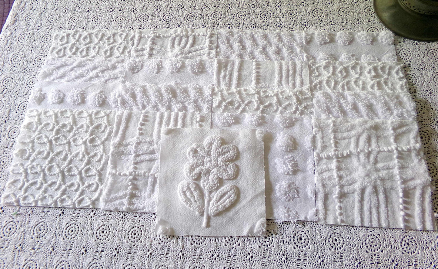Snowy Whites Chenille Quilt Squares Set from Vintage Bedspread Fabric, 17 Blocks 6" x 6" inch, Pops, Squiggles, Lattice & a Daisy