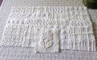Snowy Whites Chenille Quilt Squares Set from Vintage Bedspread Fabric, 17 Blocks 6" x 6" inch, Pops, Squiggles, Lattice & a Daisy