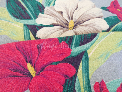 Tropical Vintage Barkcloth Fabric Piece, Salvaged MCM Botanical Hibiscus Print, 19" x 25" inches, #3
