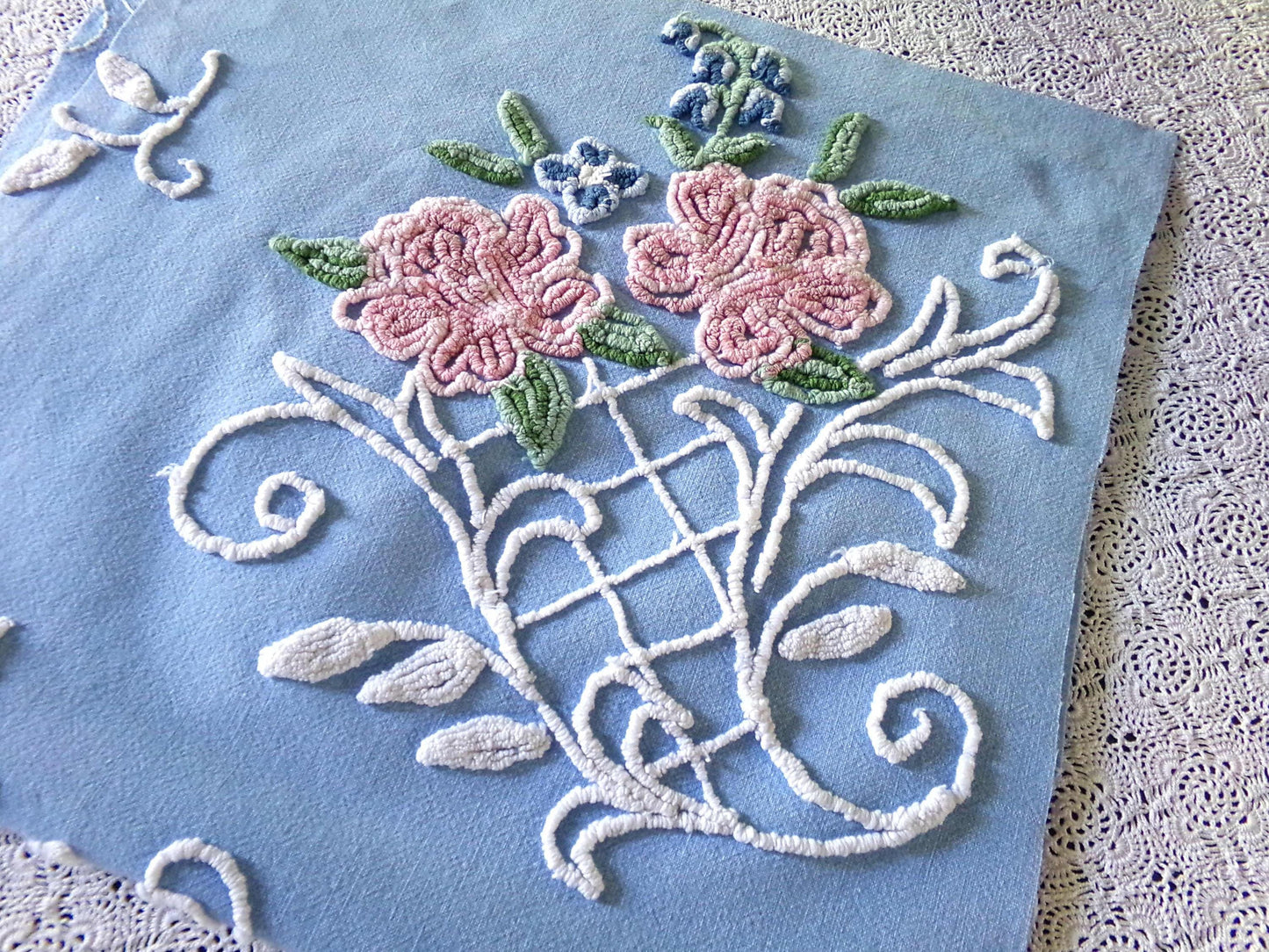 Most Beautiful Old Rose Vintage Chenille Fabric, 17.5" x 32" inch Piece, White Trellis & Scrollwork on Sky Blue Cotton, for Quilts, Pillows