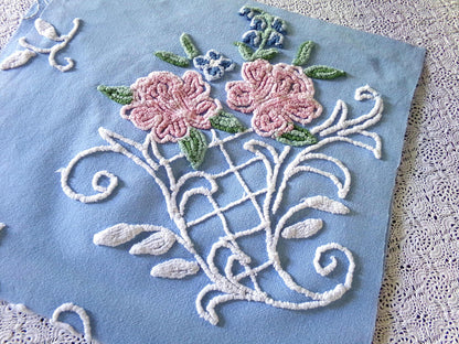 Most Beautiful Old Rose Vintage Chenille Fabric, 17.5" x 32" inch Piece, White Trellis & Scrollwork on Sky Blue Cotton, for Quilts, Pillows