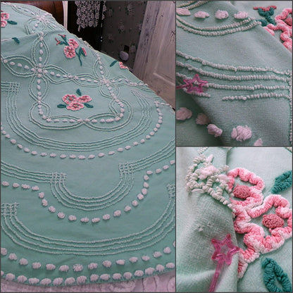 jade green pink rose vintage chenille bedspread, beautiful twin size shabby chic style bedding, great as a summer cottage coverlet