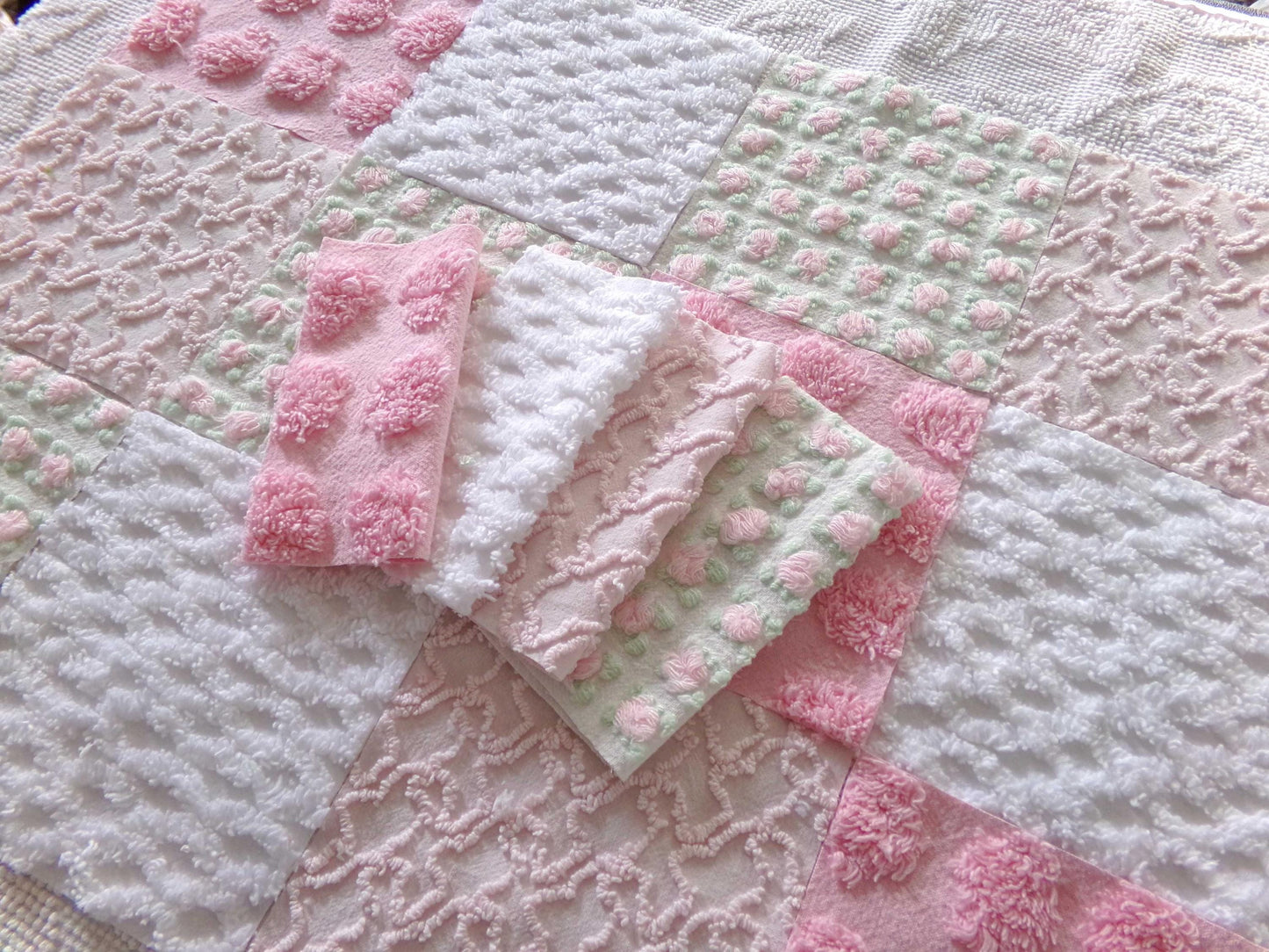 fairy chic chenille fabric squares, pink cottage rosebuds, 16 vintage quilt blocks 6" x 6" inch, for patchwork pillows, quilting, crafts