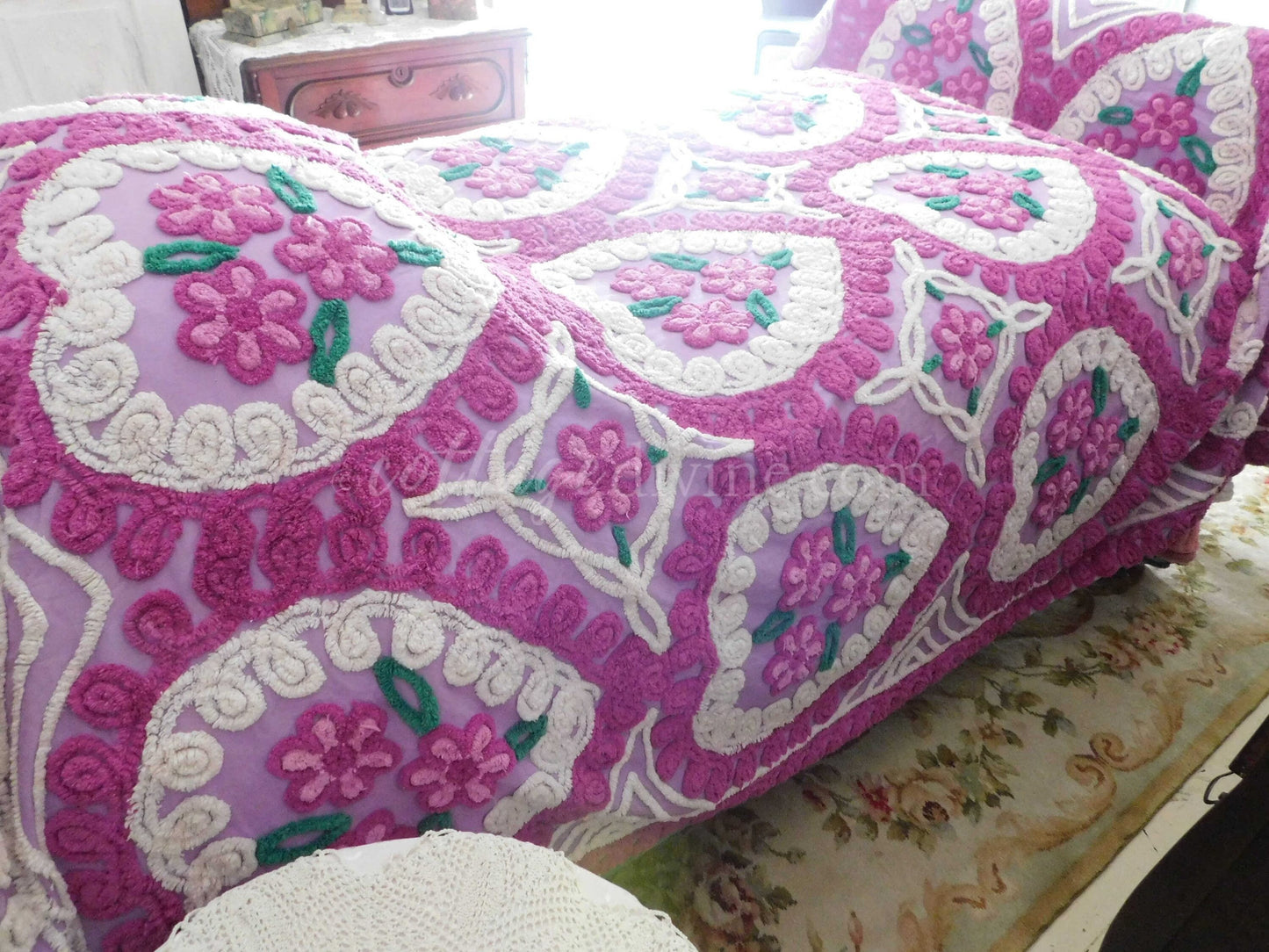 Vintage Chenille Bedspread, Lavender Hearts Hugging Flower Trios in Swirls of Fluffy Tufts, Full Size 1950s Midcentury Design, 100% Cotton