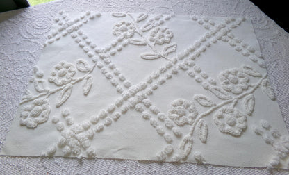 Vintage White Floral Chenille Fabric: Farmhouse Style 23" x 16" Cut Piece