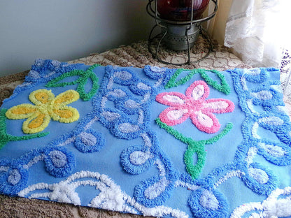 Teardrop Blue Floral Vintage Chenille Fabric, 20" x 21" Inch Piece, Great for Pillow Cover