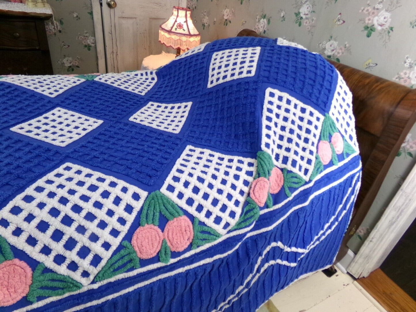 Regal Blue Vintage Chenille Bedspread, Pink Rosettes & White Waffle Tufts, Full Size