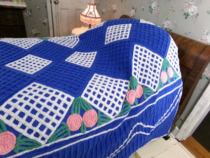 Regal Blue Vintage Chenille Bedspread, Pink Rosettes & White Waffle Tufts, Full Size