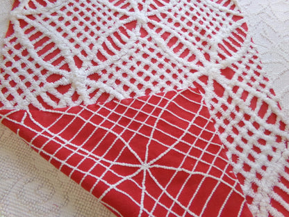 Red & White Geometric Chenille Fabric - Vintage Tufted Textured Cotton Fabric Quilting Crafts - 17" x 24" Piece of Sewing Material