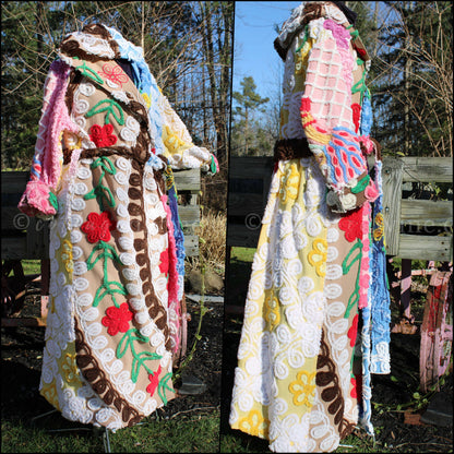 Shabby Patchwork Vintage Chenille Robe, Ladies M/L HOODED Bathrobe, Upcycled Art to Wear