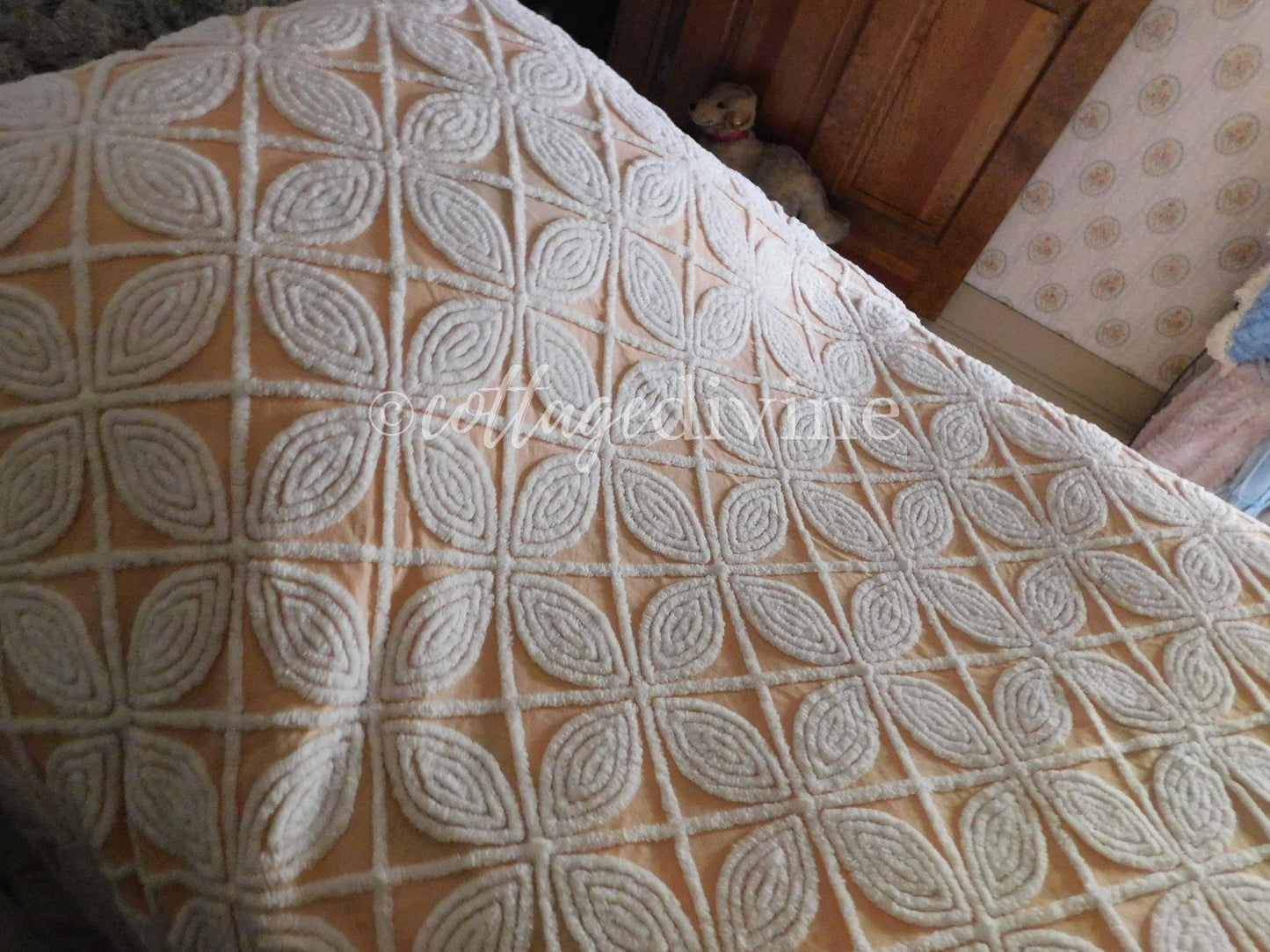 Spectacular Peach Bliss Large Floral Hofmann Vintage Chenille Bedspread, Full