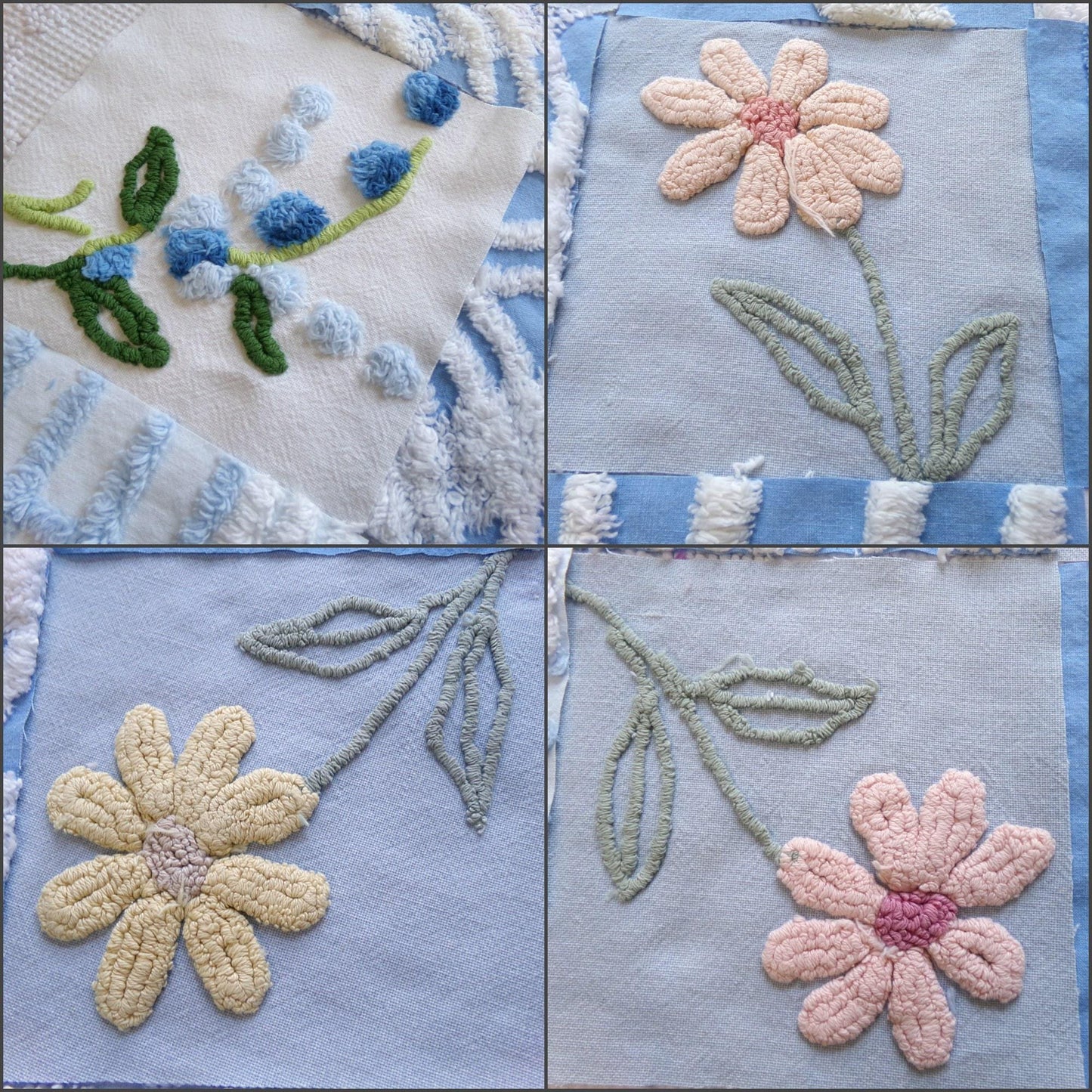 meadow skies vintage chenille fabric squares, set of 16 serene 6" quilt blocks, geometrics, daisy & lupine flowers for crafts, sewing