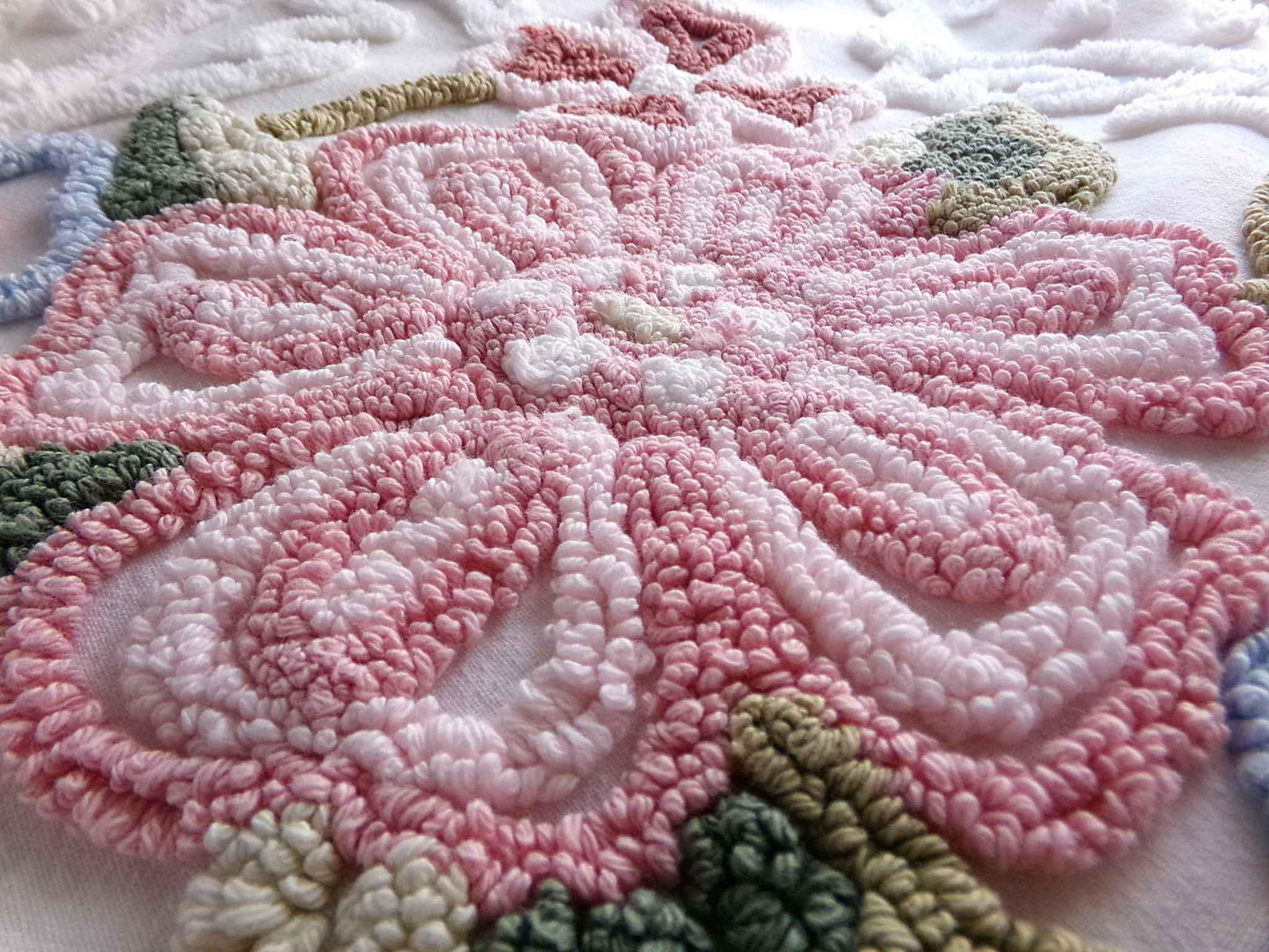 Dreamy Florals Vintage Chenille Material, 29" x 24" inch Fabric Piece, Beautifully Tufted Spring Flower Design on White Cotton
