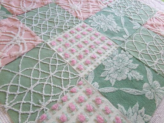 enchanted garden vintage woven & chenille fabric squares, set of 16 pink jade 6" quilt blocks for crafts, sewing, diy pillow covers