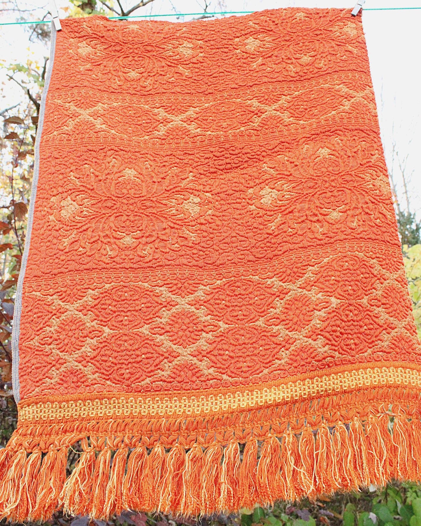 Orange & Gold Vintage Tapestry Fabric, Shimmer Woven Heavyweight Damask Material, 20" x 25" inch piece with Luxurious Fringe