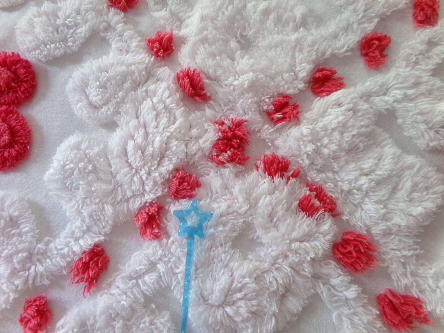 Shabby Red Flowers Vintage Chenille Fabric, 18" x 21" Inch Piece, Frosty White Plush Swirls, Ideal for Festive Crafts