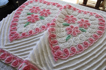 Pink Rose Candy Hearts Vintage Chenille Fabric, 27" x 42" Inch LARGE Piece, Cute Floral Trios on White Cotton, Great for Quilting & Pillows