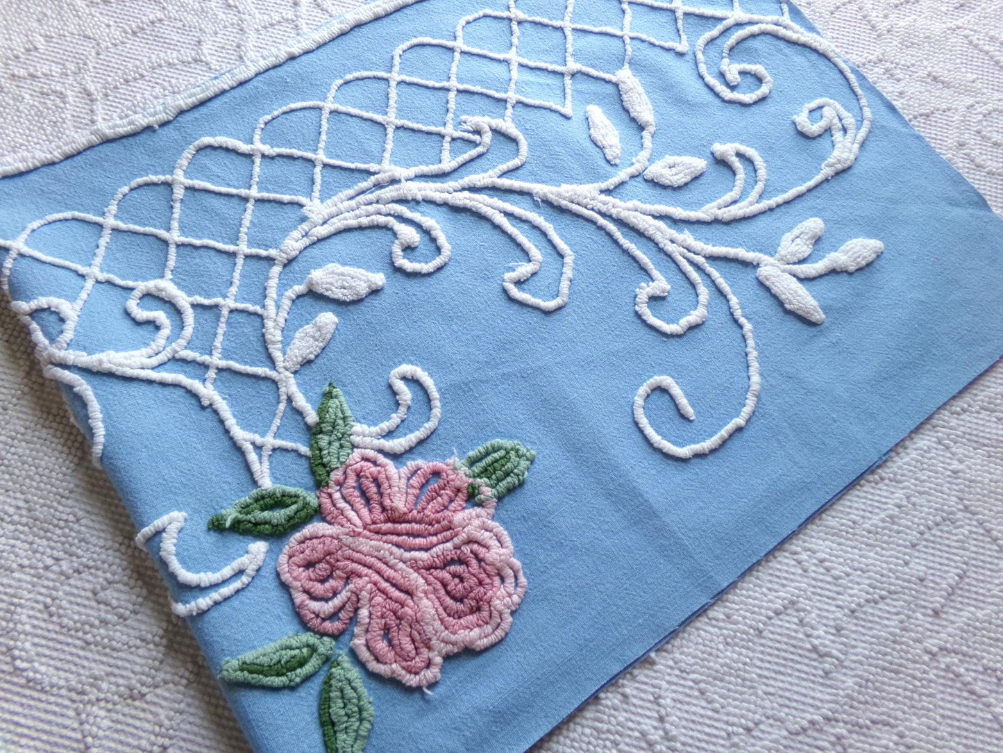 enchanted pink rose vintage chenille fabric, blue floral sewing material, 15" x 30" inch piece for wallhanging, quilts, fiber arts