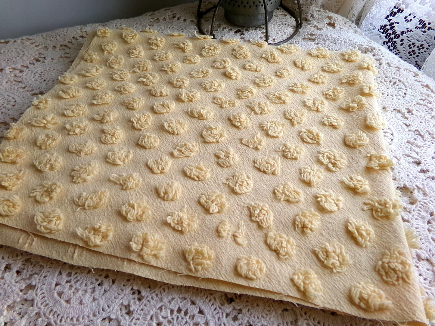 puffy gold pops vintage chenille fabric, boho style sewing material for handmade chenille quilts & crafts, 20" x 24" piece