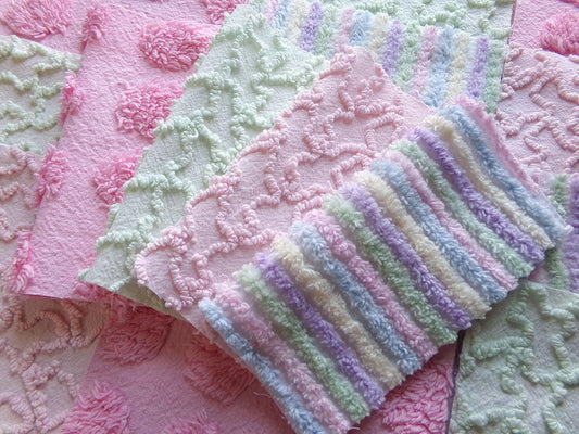 enchanted rainbow chenille fabric squares, set of 16 vintage pink & green quilt blocks 6" ea, rosebud, squiggles for crafts, quilting