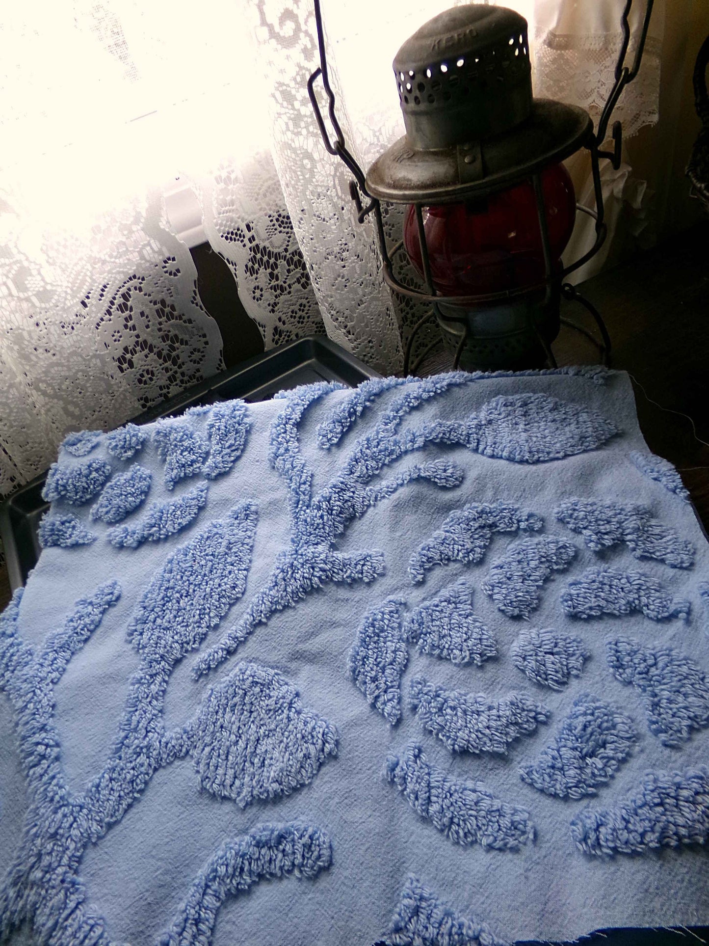 Sculpted Rose Vintage Chenille Quilt Fabric, 28" x 24" inch Piece, Tranquil Dusty Blue Cotton