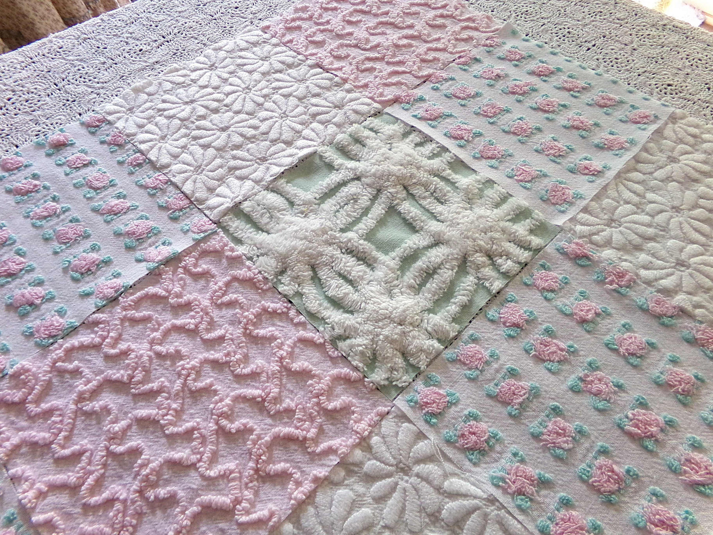 Chenille Squares Set, "Summer Bliss," 16 Vintage Fabric Quilt Blocks, 6" inch in White Daisy, Pink Rosebud, Mint Green, Squiggles