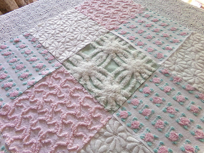 Chenille Squares Set, "Summer Bliss," 16 Vintage Fabric Quilt Blocks, 6" inch in White Daisy, Pink Rosebud, Mint Green, Squiggles