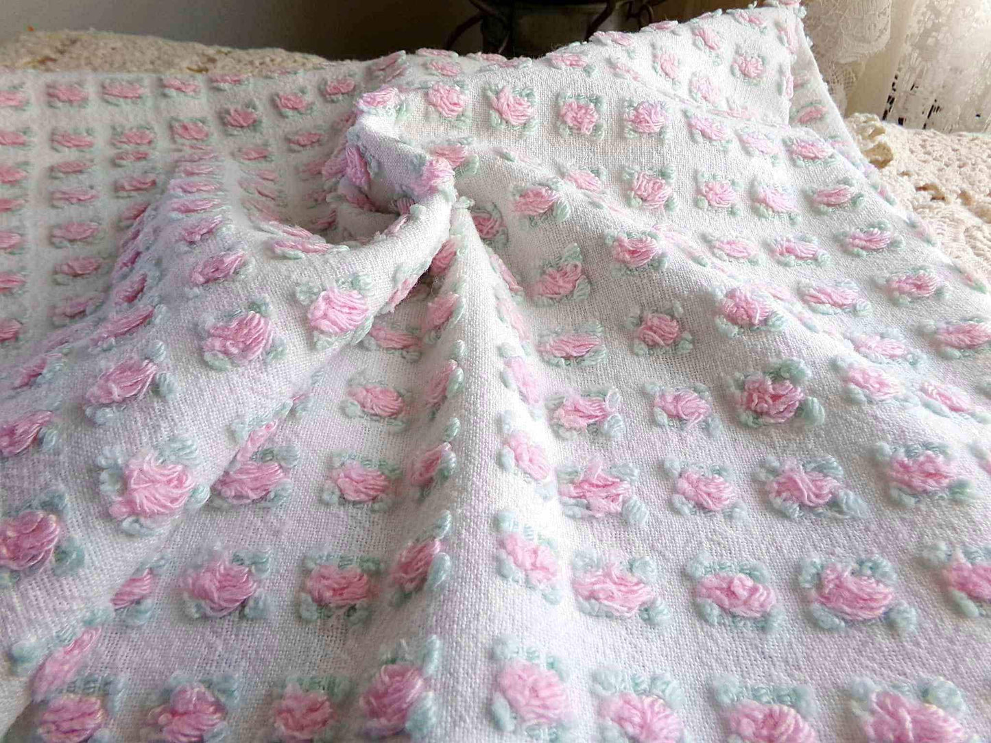 Tiny Tuft Pink Rosebud Vintage Chenille Fabric, 19" x 24" Inch Piece, 100% Lightweight Cotton, Lovely Mini Roses Pattern, Ideal in Quilts