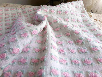 Tiny Tuft Pink Rosebud Vintage Chenille Fabric, 19" x 24" Inch Piece, 100% Lightweight Cotton, Lovely Mini Roses Pattern, Ideal in Quilts