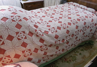 Modern Boho Terracotta Chenille Bedspread, Rustic Eight Point Star Vintage Quilt Style Design, Full Size Country Bedding