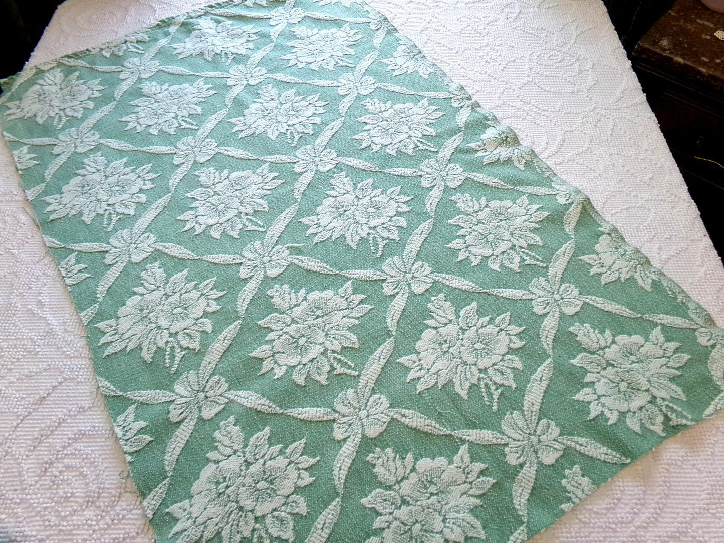 shabby cottage jade rose woven fabric, reversible sewing material from vintage bates bedspread, 20" x 30" piece for pillows, quilting