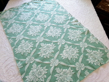 shabby cottage jade rose woven fabric, reversible sewing material from vintage bates bedspread, 20" x 30" piece for pillows, quilting