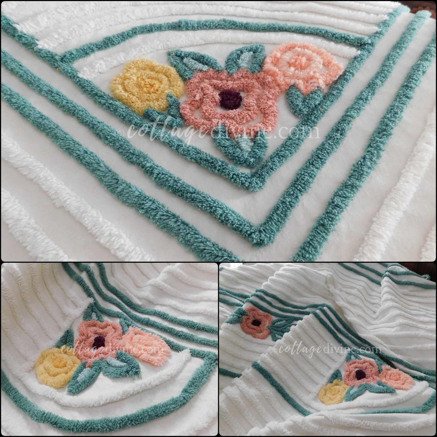 Vintage Cottage Style Bedding 1940s Circle Swirl Floral Chenille Bedspread, FULL, Cotton