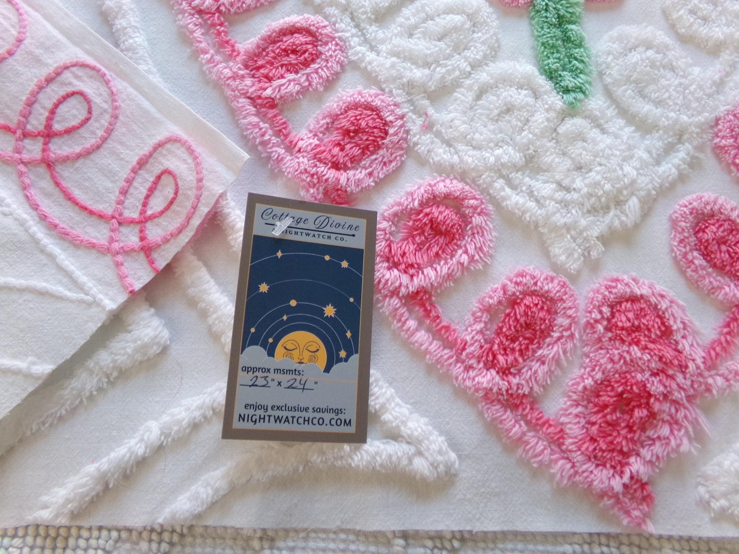 pink heart vintage chenille fabric, shabby cute rose trio on white, 24" x 23" piece of sewing material for pillows, quilts, wall hanging