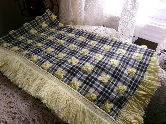 Retro Vintage Chenille Fabric, Bumblebee Black & Yellow Pops Piece, 17" x 25" inch Rounded with Accent Fringe