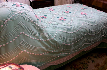 jade green pink rose vintage chenille bedspread, beautiful twin size shabby chic style bedding, great as a summer cottage coverlet