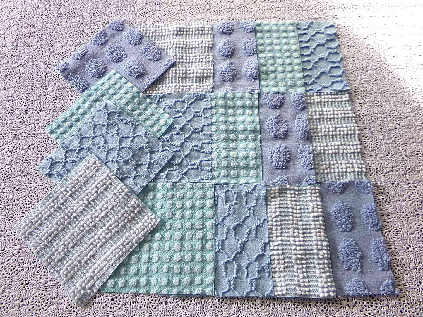 lake breeze vintage chenille quilt squares, set of 16 cool blue & aqua cotton 6" quilt blocks for quilting, upcycling into crafts