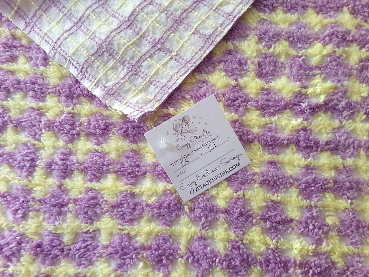 Happy Yellow & Purple Plaid Vintage Chenille Quilt Fabric, 25" x 21" inch Piece, 100% Soft Cotton Blend