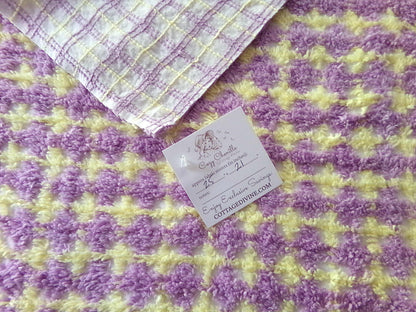 Happy Yellow & Purple Plaid Vintage Chenille Quilt Fabric, 25" x 21" inch Piece, 100% Soft Cotton Blend